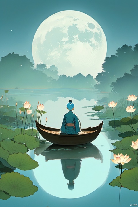 Masterpiece, best quality, moon, pond, [lotus leaf: lotus flower: 0.1], boat, a boy with blue hair sitting on the bow, with his back to the audience, rowing forward, back view, whole body, Hanfu, corridor light, cinema lighting, Chinese painting style, plane vector art, vector illustration, guofeng, guohua,
