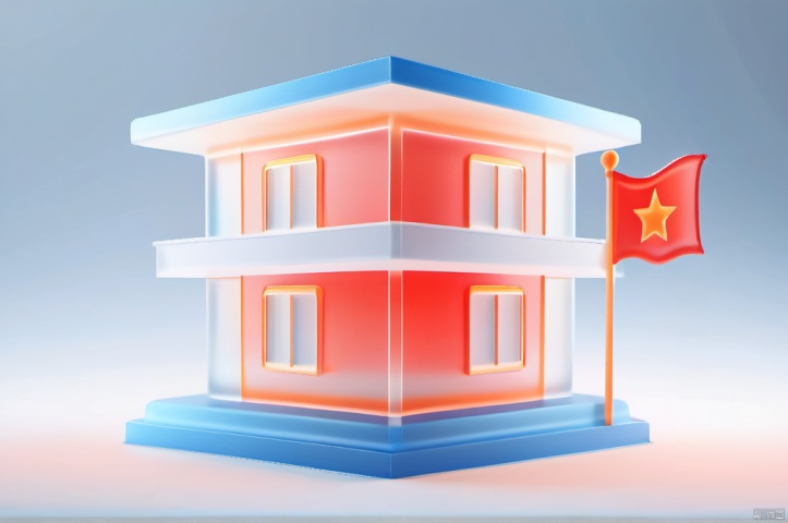 masterpiece,best quality,Frosted glass effect,3dIcon,Architectural icon of a second-floor house with a red flag above it.,,surreal fantasy atmosphere,highly detailed,white background,gradient,gradient background,