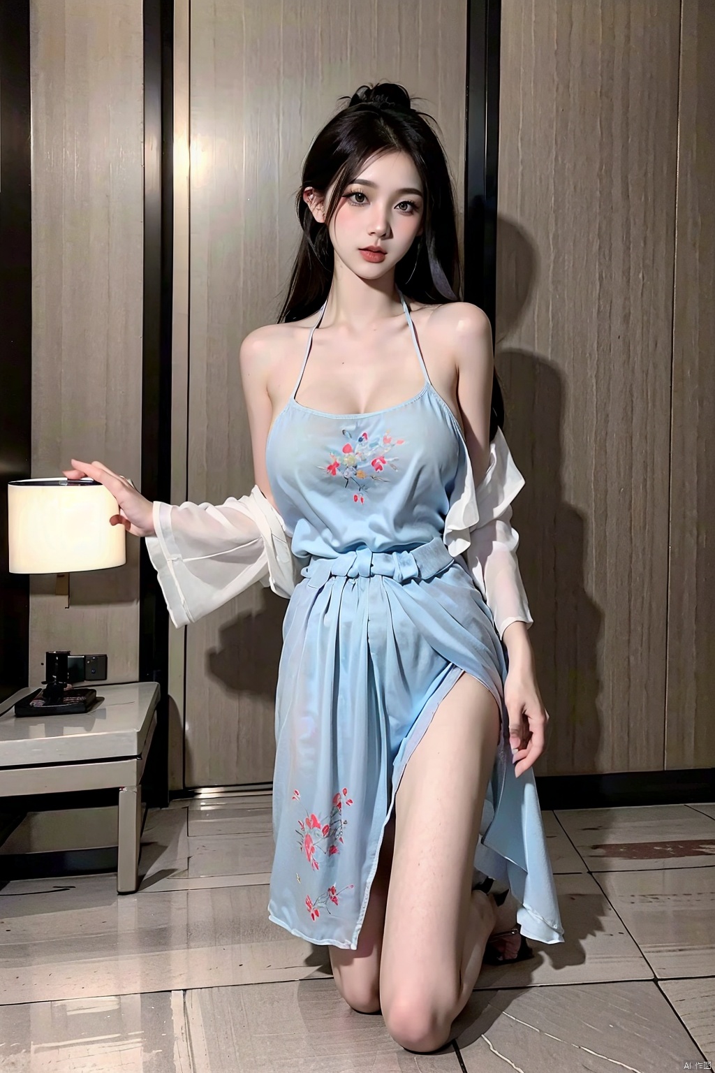  RAW photo,best quality,masterpiece,realisitc skin texture,professional photography,ultra high details,32K,1 girl,20 years old,kneeling,jewelry, translucent underwear,taoist robe,Sexy,china dress,brown hair,twintails,Blur purple background,lighting,The full body, bare shoulders