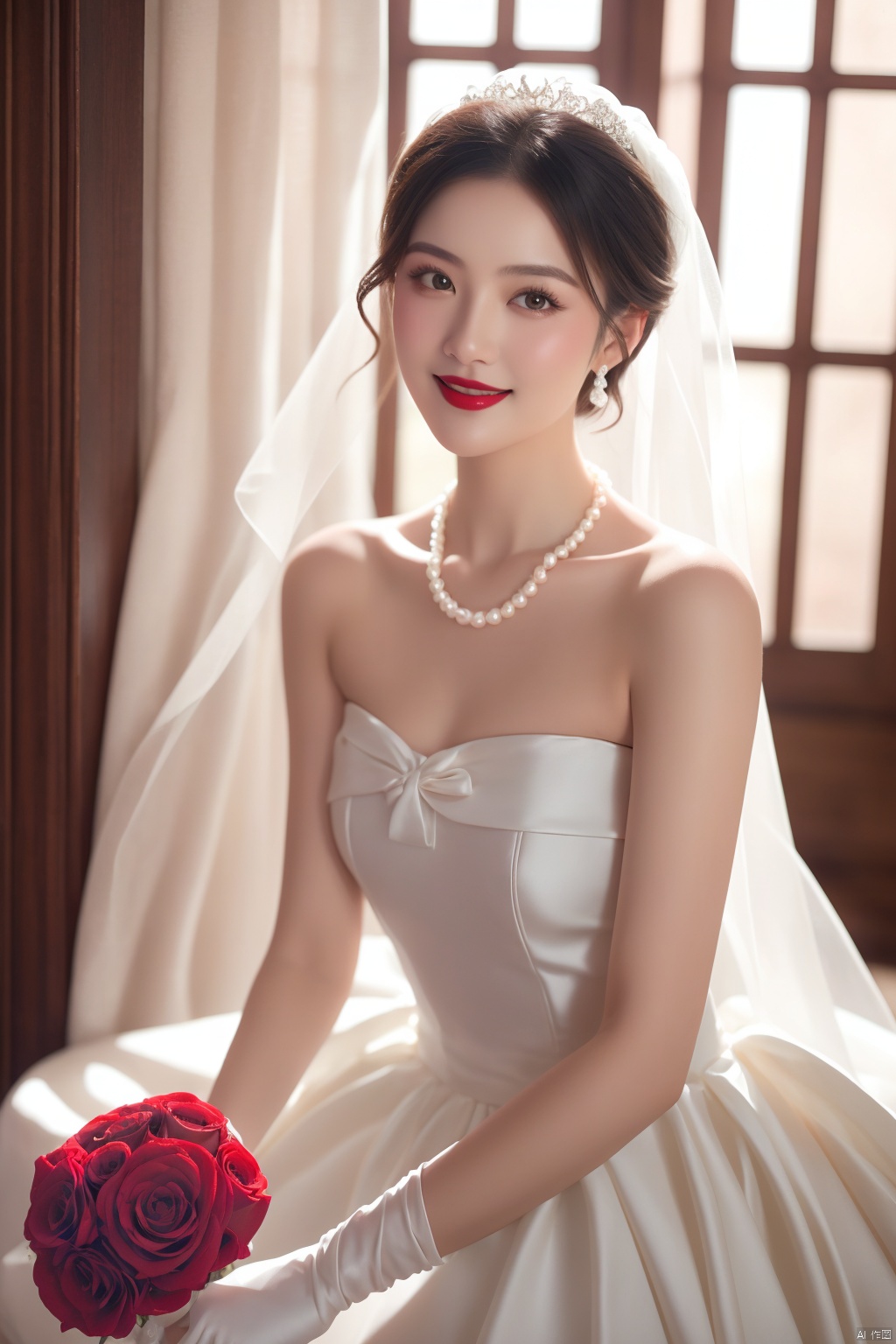 1girl,asian,bare shoulders,black hair,bouquet,breasts,bridal veil,bride,brown eyes,church,curtains,dress,elbow gloves,flower,gloves,indoors,instrument,jewelry,lips,lipstick,looking at viewer,makeup,medium breasts,necklace,nose,pearl necklace,photo \(medium\),pink rose,real life insert,realistic,red flower,red lips,red rose,rose,short hair,sitting,smile,solo,strapless dress,striped,veil,wedding dress,white dress,white gloves,white rose,window