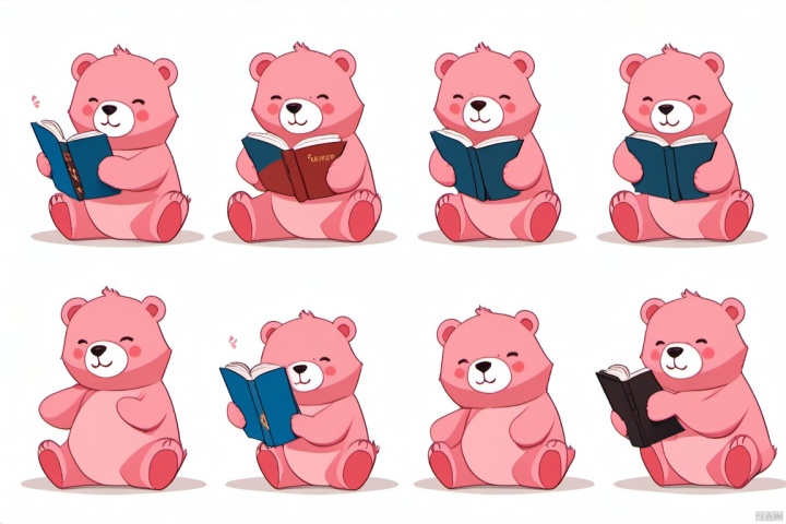 the    various   expressions   of     the   pink    bear    with   a   book    ,(想要的角色）  multiple  poses   and      expressions,     happy,   angry,cry,    expression    love   ,   etc,   emoji   pack,   (各 种表情）f/64 group,    related   character,    (让数量足够多） engrav-ing,   bold  outlines(生成风格） --ar3:4, (\ji jian\)