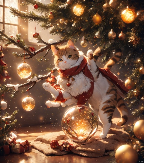  Fantasy photorealistic art of a cute cat Tom in a festive costume standing on the floor tries to hang a beautiful glass sphere on a branch of a Christmas tree, Christmas attributes, cinematic shot, soft light, amber light, magic atmosphere , flying particles, Christmas soks,thm style