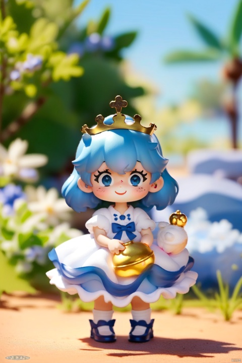  masterpiece,best quality,absurdres,cat girl,blue eyes,blurry background,outdoors,crown,personification,chibi,smile,