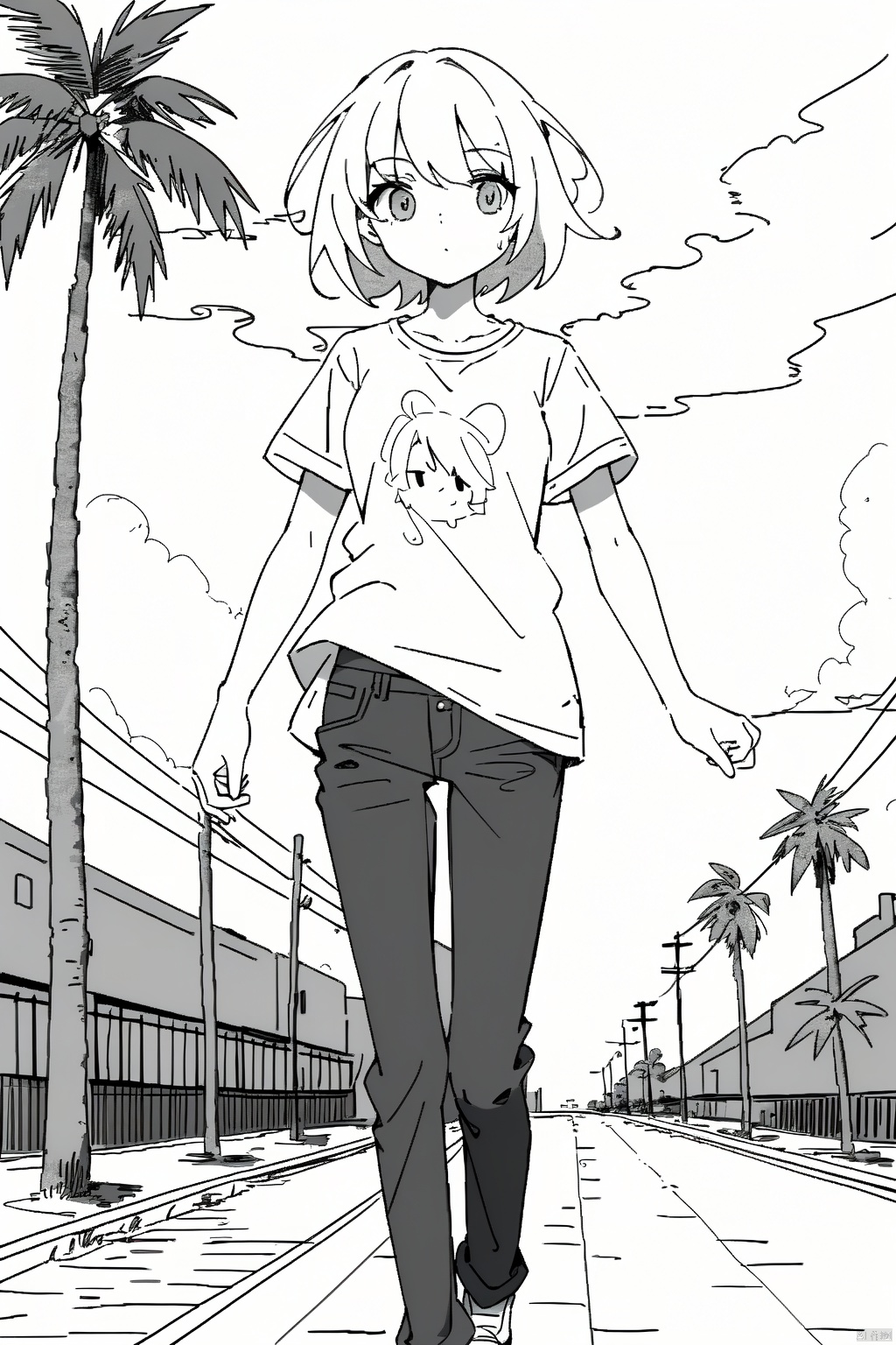  masterpiece,best quality,high quality,highres,1girl,lineart,palm tree,path,jeans,t-shirt,monochrome,short hair,cloud,