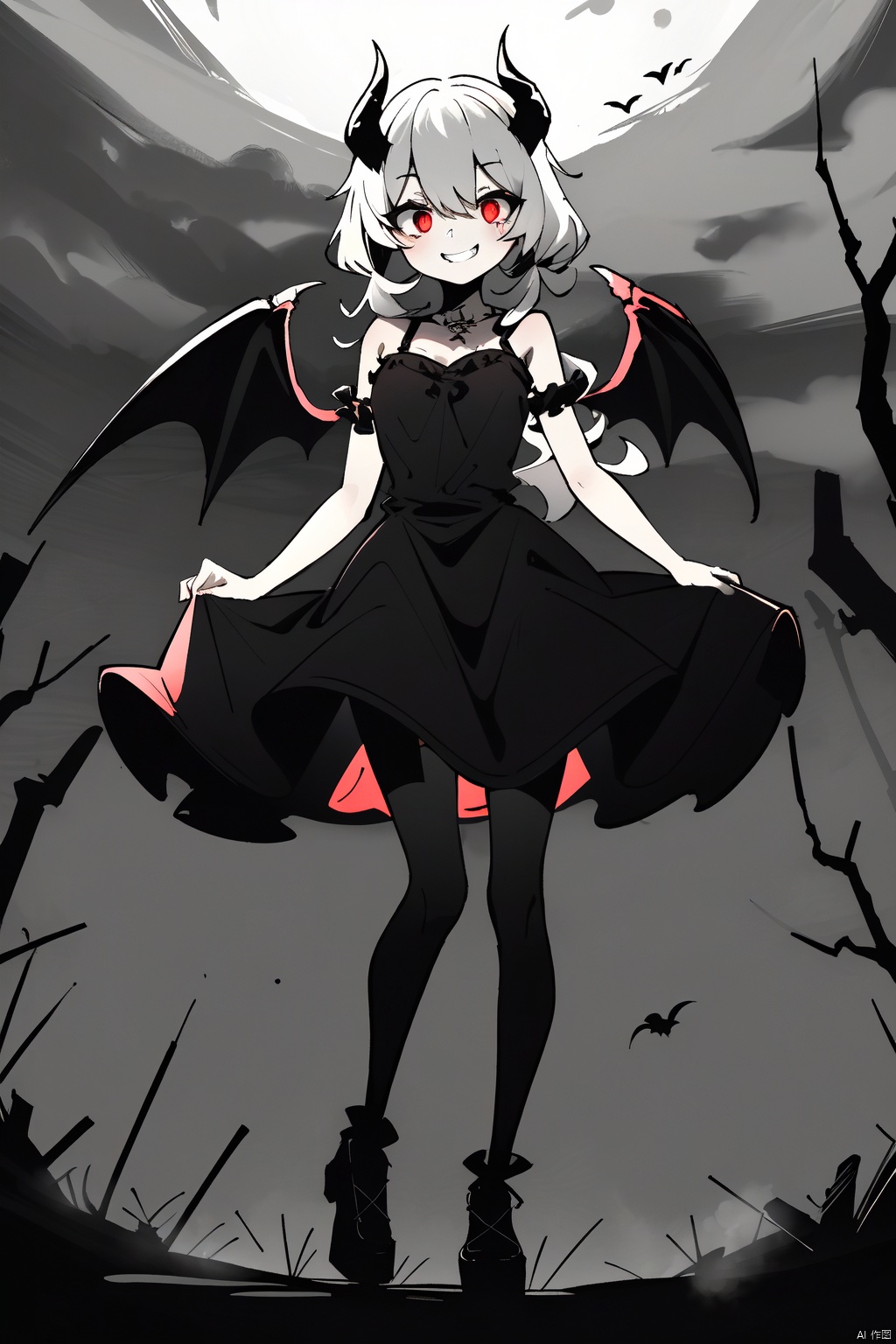 masterpiece,best quality,absurdres,
outdoors,monster girl,horror \(theme\),red theme,glowing eyes,black dress,demon,horn,demon wings,night,bare tree,grin,