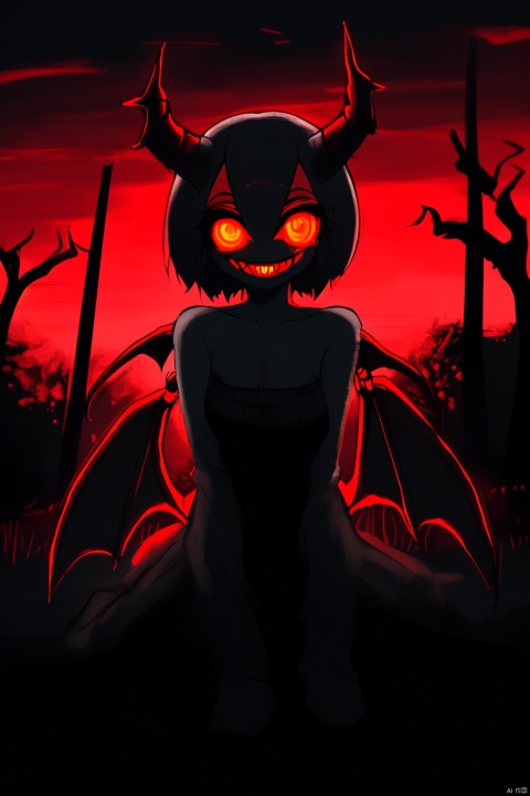  masterpiece,best quality,absurdres,
outdoors,monster girl,horror \(theme\),red theme,glowing eyes,black dress,demon,horn,demon wings,night,bare tree,grin,