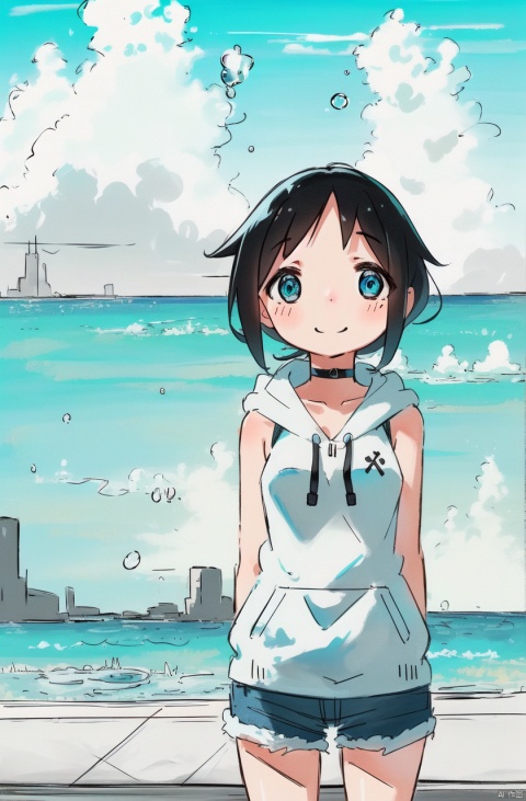  masterpiece,bset quality,high quality,highres,1girl,solo,twintails,hood,outdoors,sky,black hair,blue eyes,day,long hair,bare arms,looking at viewer,hood down,bag,blue sky,smile,cowboy shot,closed mouth,black choker,bangs,sleeveless hoodie,denim shorts,backpack,low twintails,short shorts,cloudy sky,bare shoulders,water drop,medium breasts,