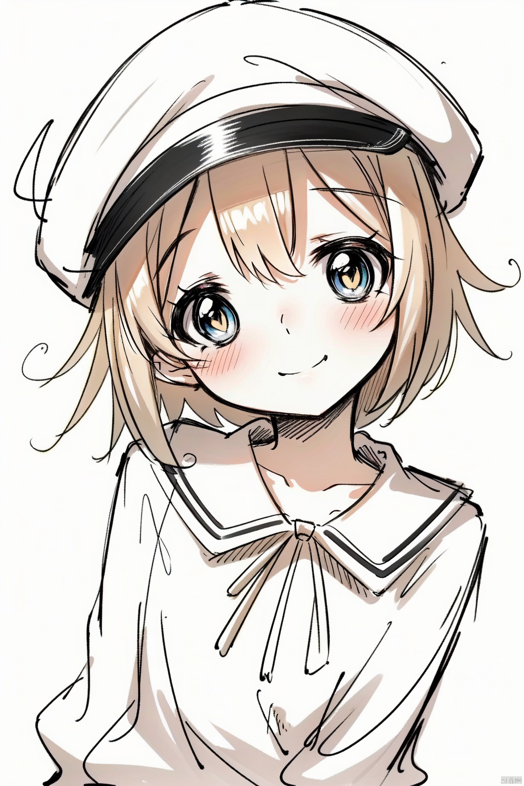  masterpiece,best quality,high quality,highres,Sketch,1girl,solo,cabbie hat,short hair,looking at viewer,blush,simple background,head tilt,smile,upper body,