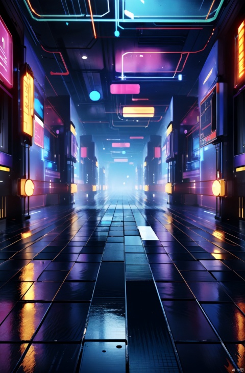 masterpiece,best quality,absurdres,science fiction,color blocks,floating blocks,hallway,cyberpunk,glowing,grid,no human,