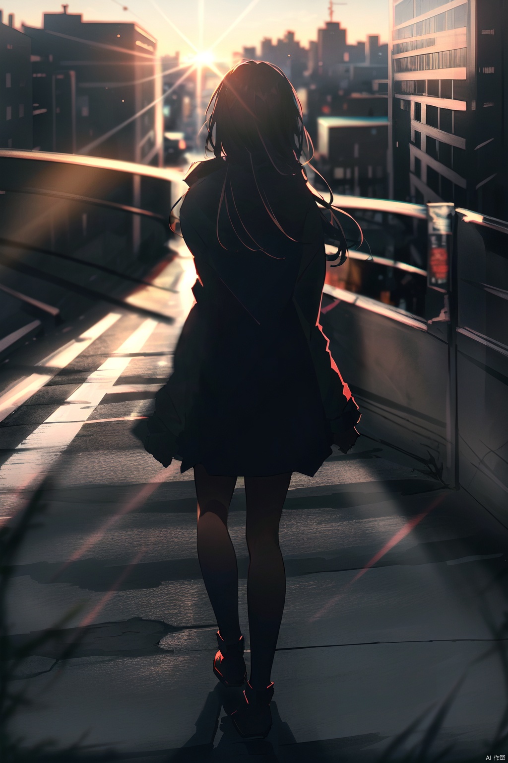  masterpiece,best quality,absurdres,outdoors,1girl,cityscape,street,long-hair,black_hair,fence,sunlight,walking,from behind,arms behind back,