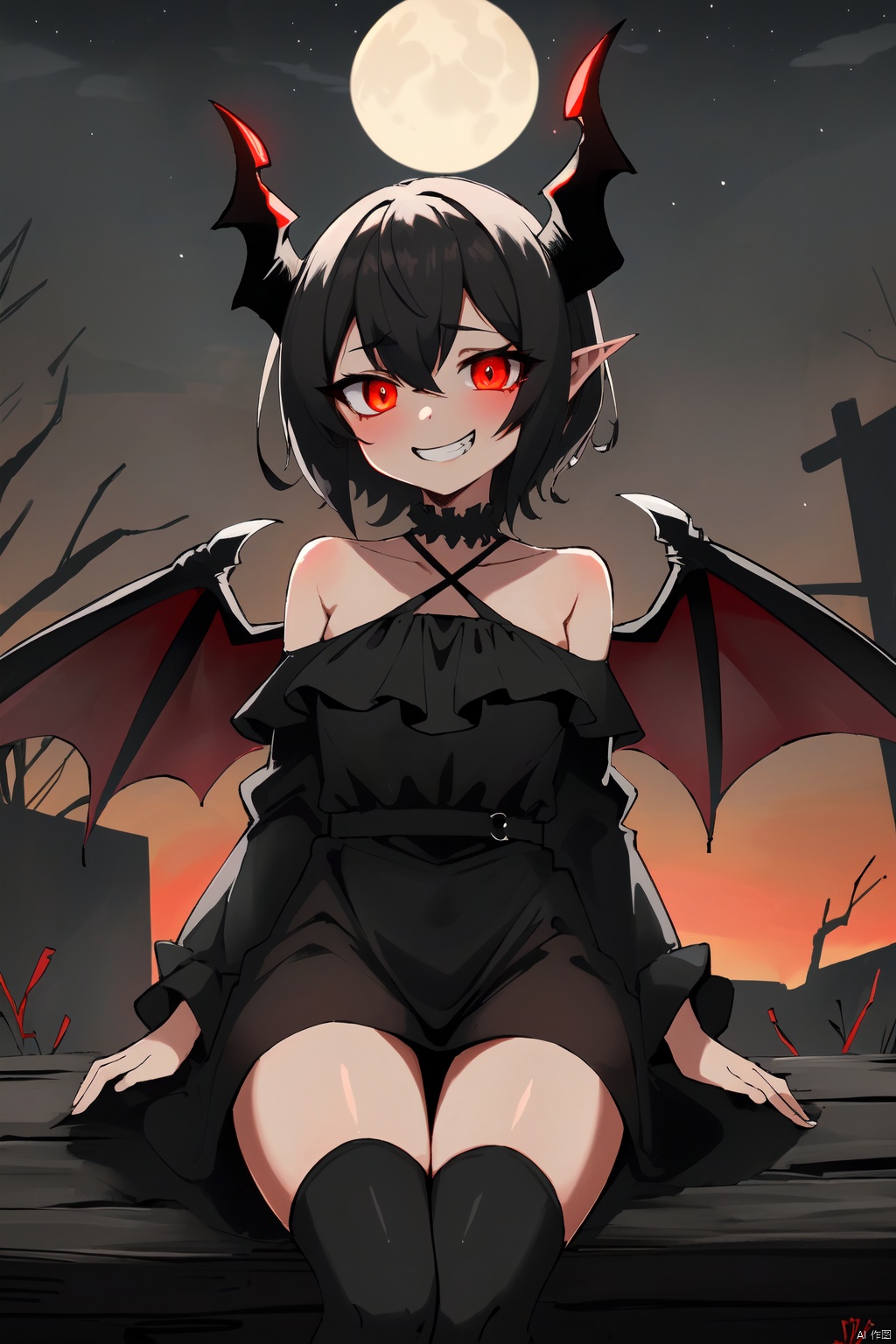  masterpiece,best quality,absurdres,
outdoors,monster girl,horror \(theme\),red theme,glowing eyes,black dress,demon,horn,demon wings,night,bare tree,grin,