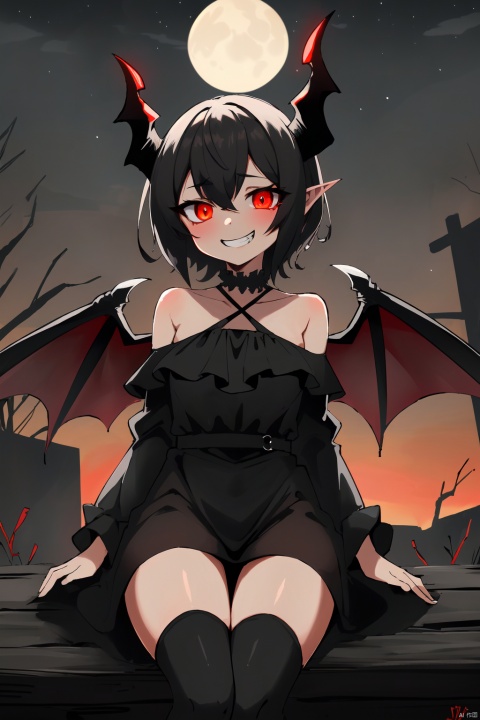  masterpiece,best quality,absurdres,
outdoors,monster girl,horror \(theme\),red theme,glowing eyes,black dress,demon,horn,demon wings,night,bare tree,grin,