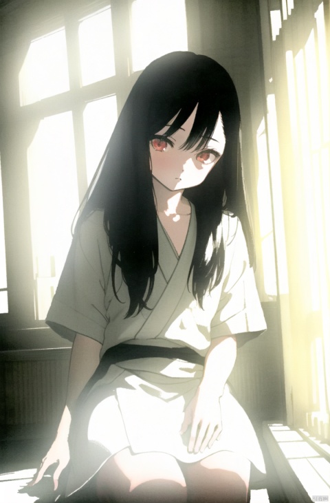 masterpiece,best quality,absurdres,
1girl,solo,silhouette,indoors,window,sitting,greyscale,backlighting,noise,overexposure,japanese room,window,long hair,red eyes,