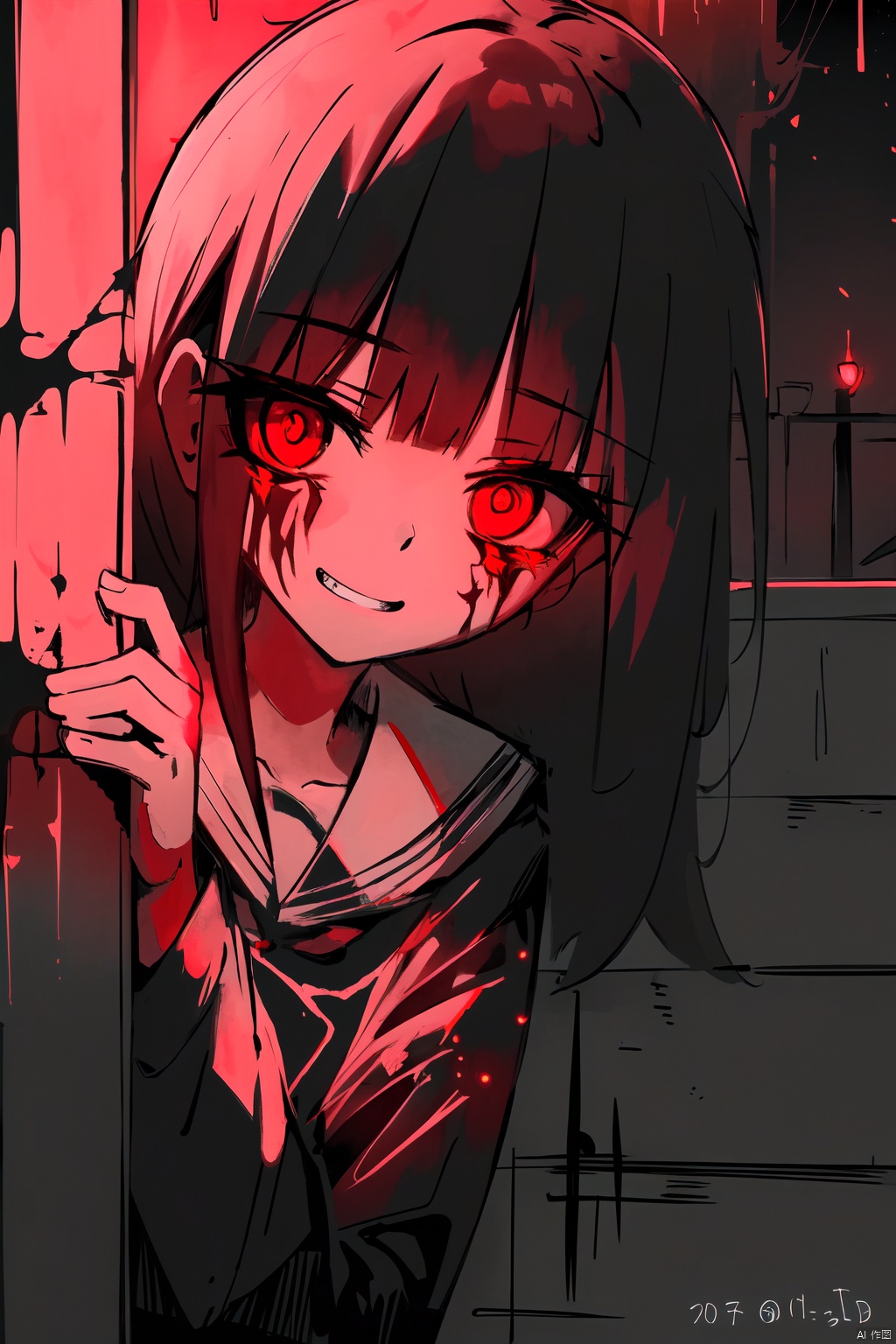  masterpiece,best quality,absurdres,
outdoors,monster girl,horror \(theme\),red theme,glowing eyes,black dress,demon,horn,demon wings,night,bare tree,grin,wall,