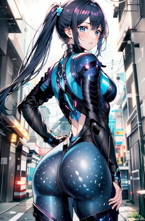  masterpiece,best quality,absurdres,1girl,from side,ass,night,dark,alley,long hair,bodysuit,side ponytail,looking back,shiny bodysuit,