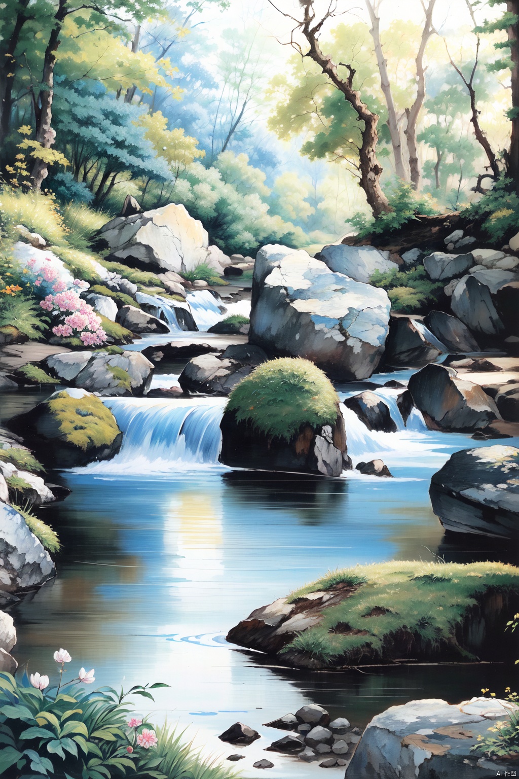  masterpiece,best quality,absurdres,forest,rock,river,water,tree,no human,grass,flower,