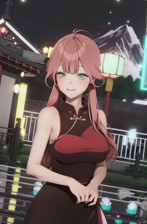  masterpiece,best quality,absurdres,1girl,medium breasts,long hair,green eyes,solo,smile,red hair,chinese clothes,bangs,outdoors,upper body,light particles,night,dancing,east asian architecture,mountain,fog,sleeveless,reflection,twintails,