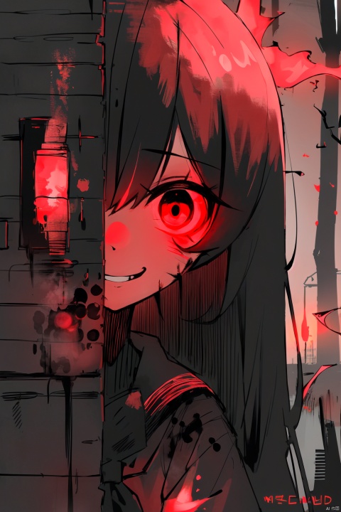  masterpiece,best quality,absurdres,
outdoors,monster girl,horror \(theme\),red theme,glowing eyes,black dress,demon,horn,demon wings,night,bare tree,grin,wall,