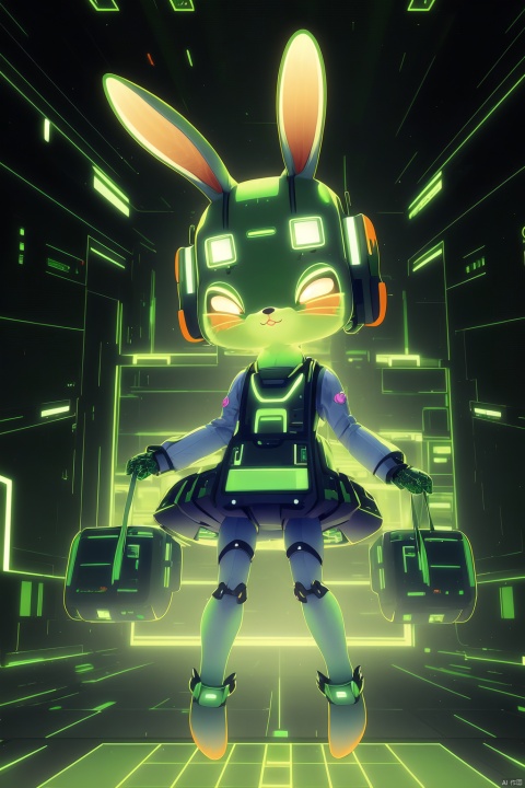  masterpiece,best quality,absurdres,cyberspace,Cute little rabbit pulling out carrots, cute style, glowing,grid,green theme,