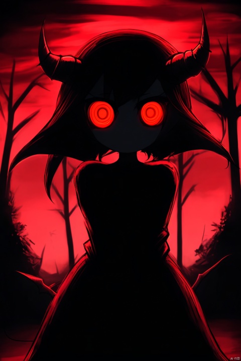  masterpiece,best quality,absurdres,
outdoors,monster girl,horror \(theme\),red theme,glowing eyes,black dress,demon,horn,demon wings,night,bare tree,