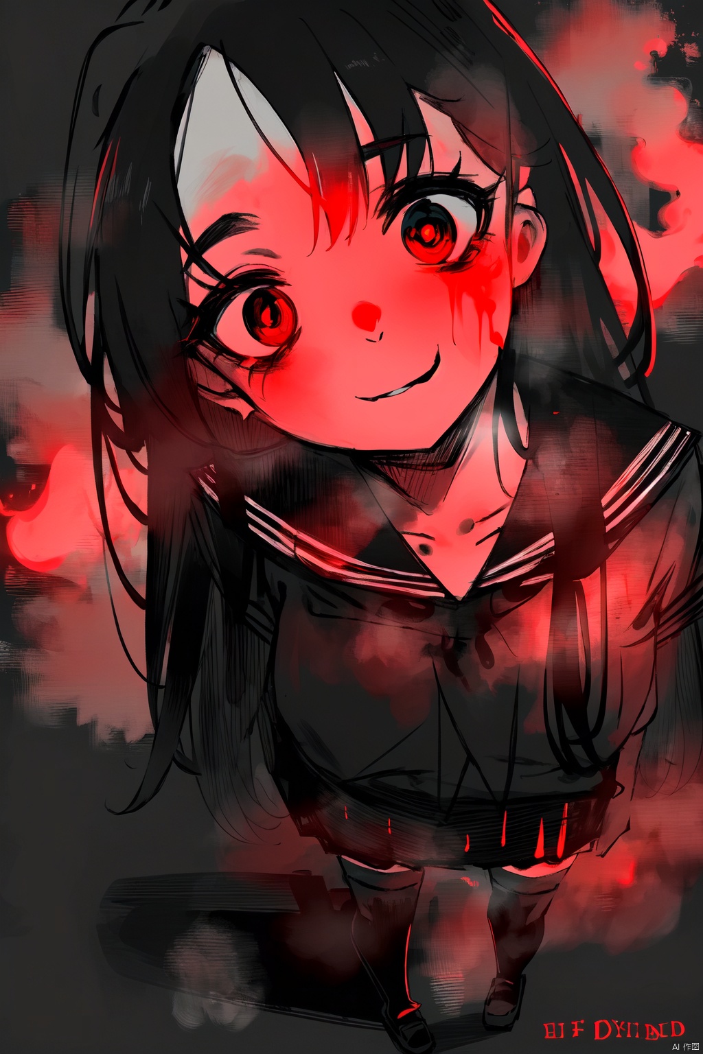  masterpiece,best quality,absurdres,
outdoors,monster girl,horror \(theme\),red theme,glowing eyes,black dress,demon,horn,demon wings,night,bare tree,grin,fisheye,from above,full body,
