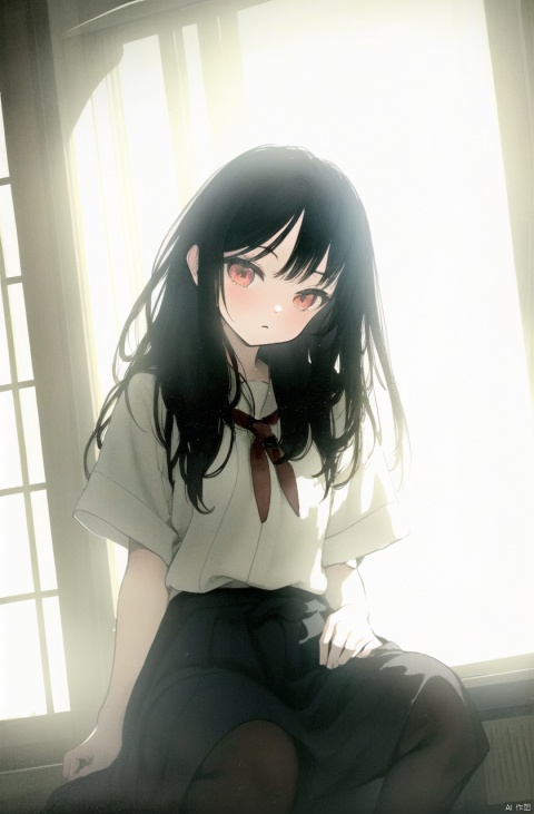 masterpiece,best quality,absurdres,
1girl,solo,silhouette,indoors,window,sitting,greyscale,backlighting,noise,overexposure,japanese room,window,long hair,red eyes,