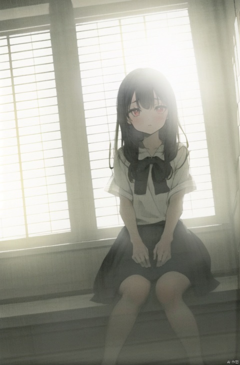 masterpiece,best quality,absurdres,
1girl,solo,silhouette,indoors,window,sitting,greyscale,backlighting,noise,overexposure,japanese room,window,long hair,red eyes,