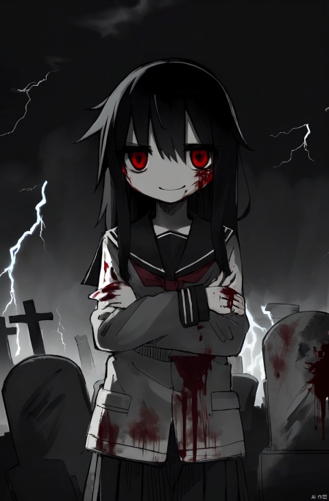 masterpiece,best quality, ultra highres,,1girl,long hair,black hair,red eyes,standing,close-up,evil smile, blood, solo, blood splatter, blood on clothes, school uniform,,night,dark,Night, graveyard, lightning,bare tree,ringed eyes,