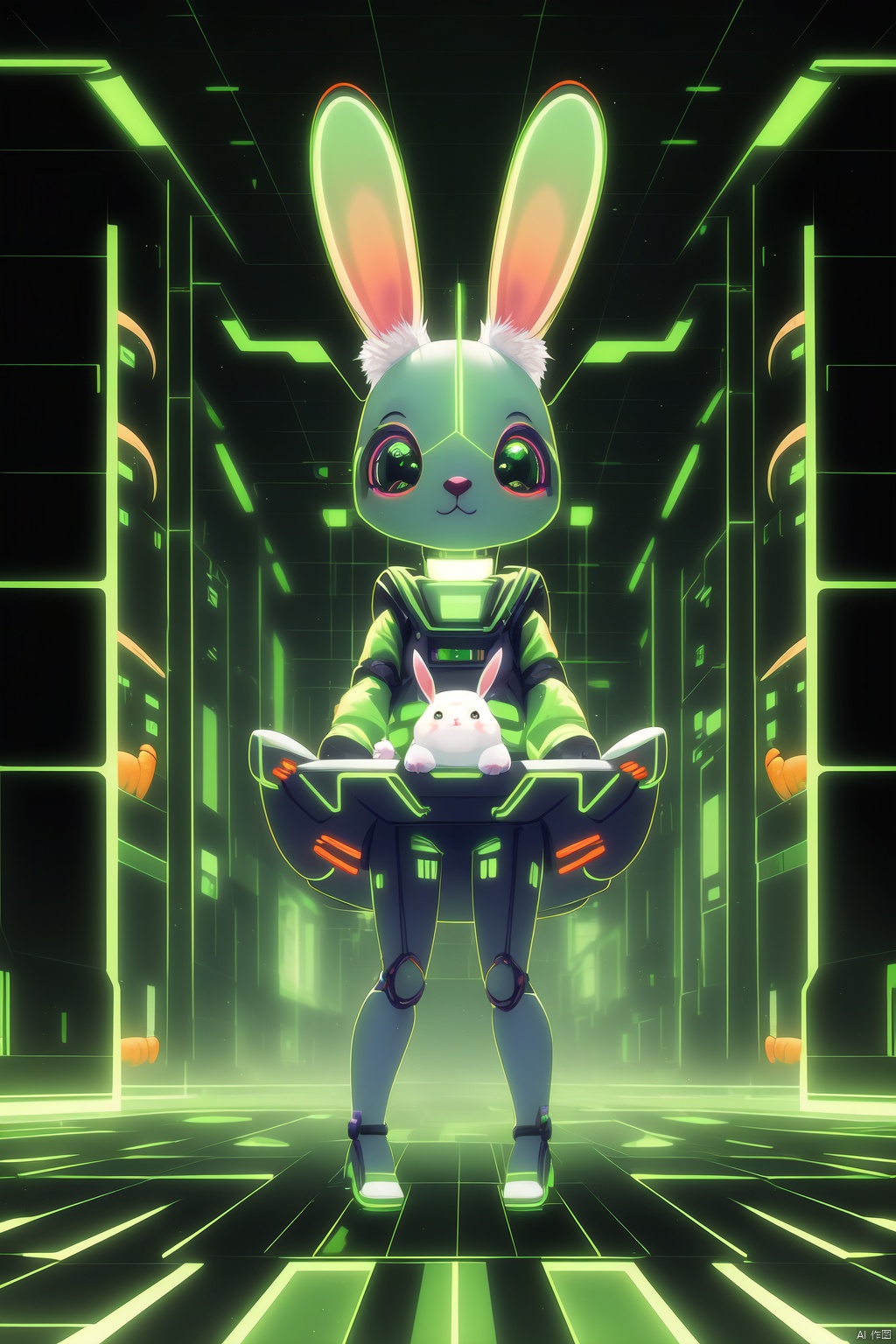  masterpiece,best quality,absurdres,cyberspace,Cute little rabbit pulling out carrots, cute style, glowing,grid,green theme,