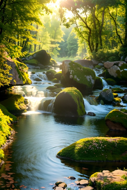  masterpiece,best quality,absurdres,forest,rock,river,water,tree,no human,grass,flower,sunlight,