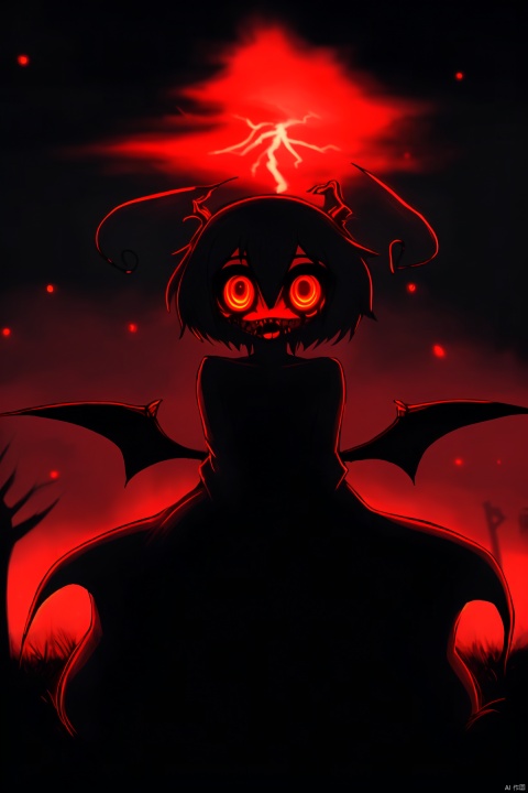  masterpiece,best quality,absurdres,
outdoors,monster girl,horror \(theme\),red theme,glowing eyes,black dress,demon,horn,demon wings,night,bare tree,
