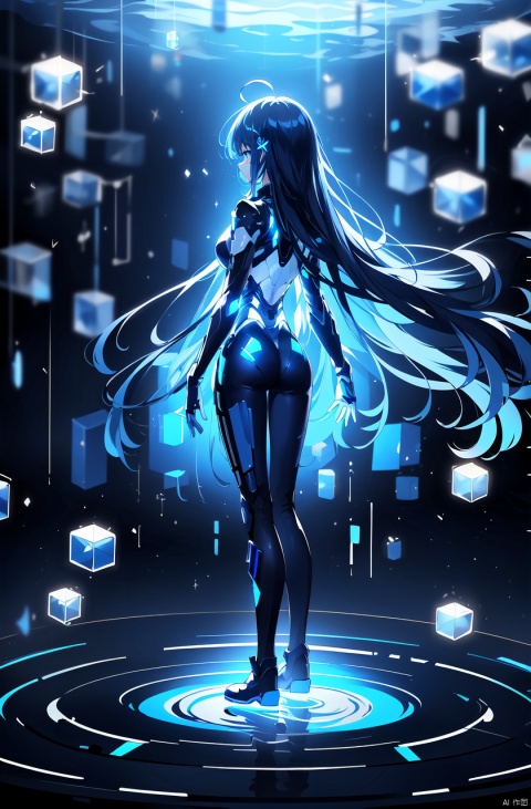 masterpiece,best quality,absurdres,color blocks,floating blocks,glowing,ring,1girl,full body,bodysuit,standing,reflection,long hair,cube,blue theme,shiny bodysuit,hologram,from behind,