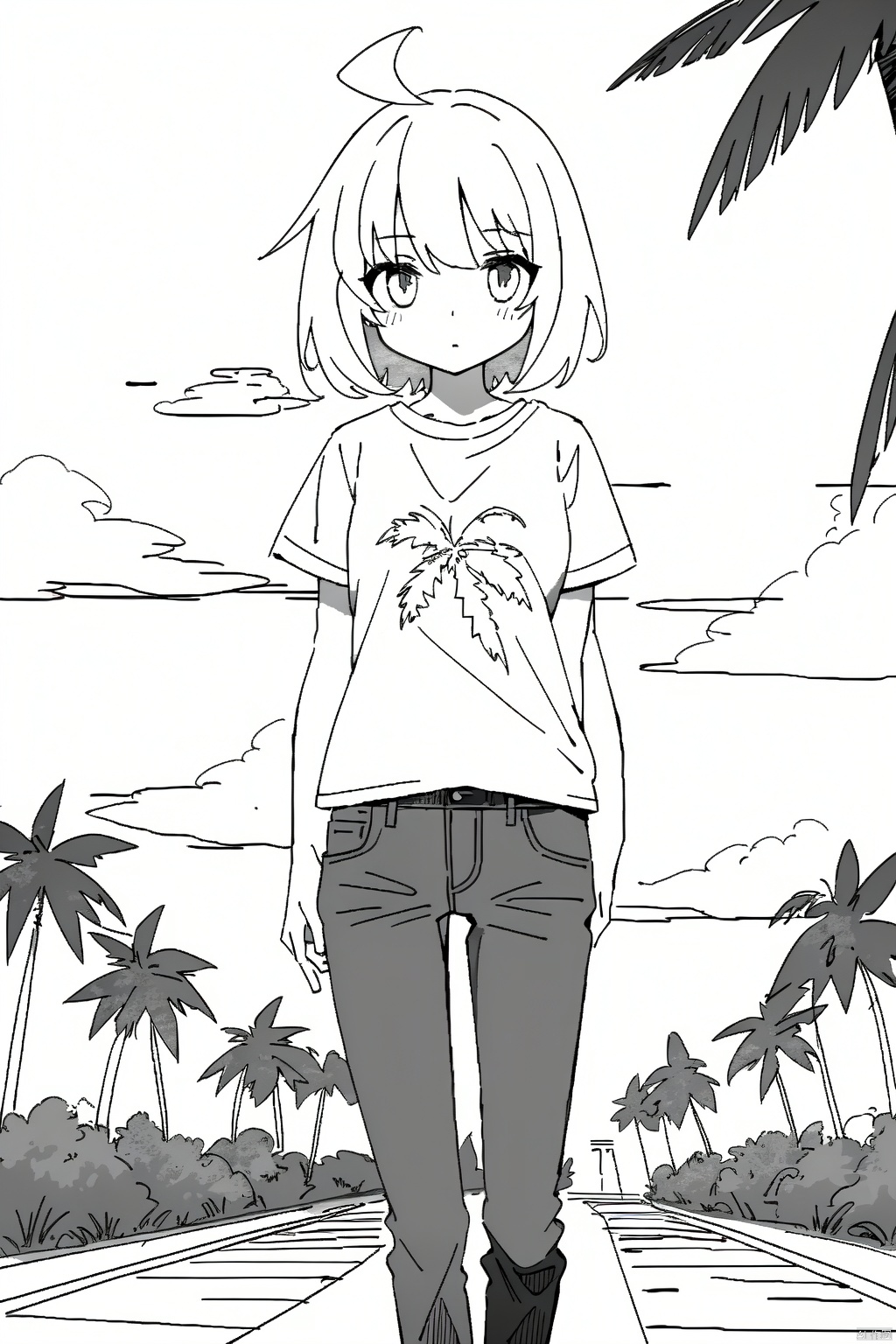  masterpiece,best quality,high quality,highres,1girl,lineart,palm tree,path,jeans,t-shirt,monochrome,short hair,cloud,
