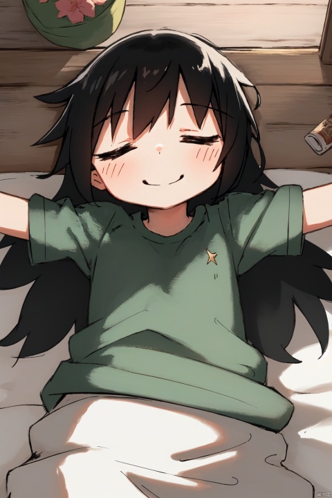  masterpiece,best quality,absurdres,1girl,indoors,on bed,long-hair,black_hair,lying,T-shirt,from above,upper body,closed eyes,smile,sleeping,spread arms,