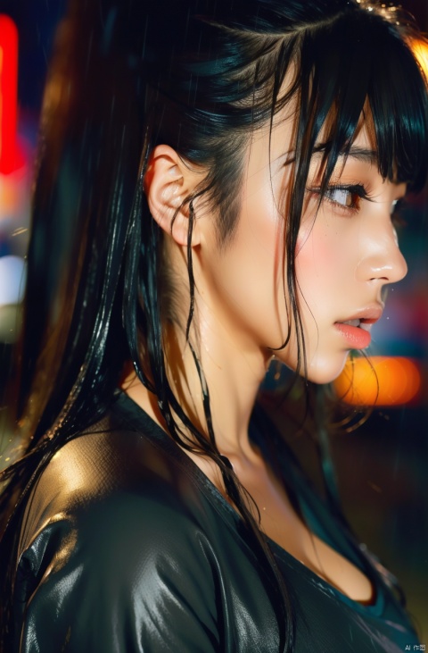 masterpiece,best quality,absurdres, 1girl,solo,black hair,long hair,(wet clothes:1.2),(wet hair:1.2),portrait,parted lips,bokeh,night,medium breasts,looking back,red light,(rain:1.2),(wet skin:1.2),cityscape,street,messy hair,expressionless,close-up,korean face,brown eyes,from behind, looking_at_viewer,