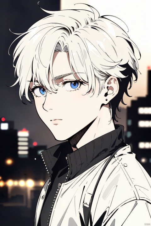  ultra highres,masterpiece,best quality,short hair,bokeh,depth of field,open jacket,cityscape,night,1boy,spiked hair,portrait,walking,looking away,retro artstyle,lineart,