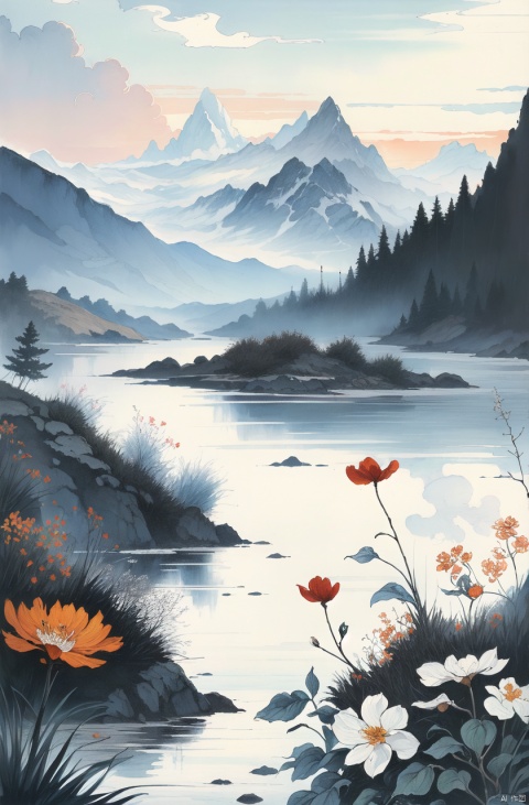  masterpiece,best quality,absurdres,colorlnk,forest,mountain,cloudy sky,water,flower,no human,illustration.media,