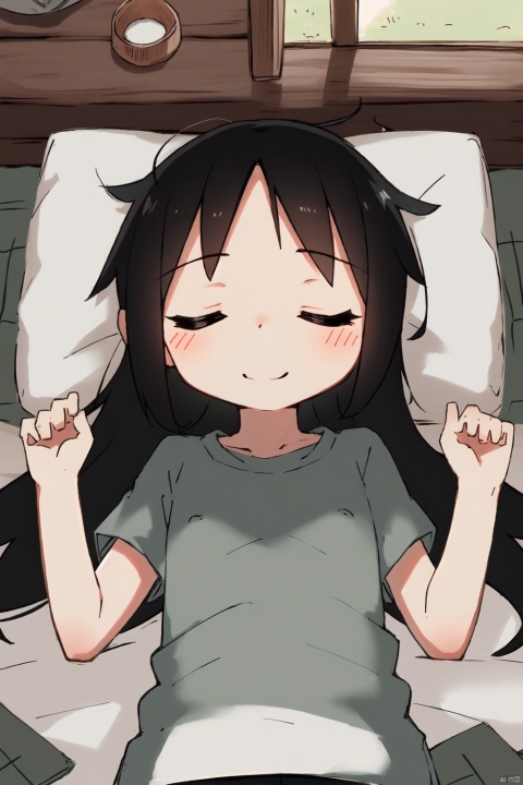  masterpiece,best quality,absurdres,1girl,indoors,on bed,long-hair,black_hair,lying,T-shirt,from above,upper body,closed eyes,smile,sleeping,spread arms,shorts,