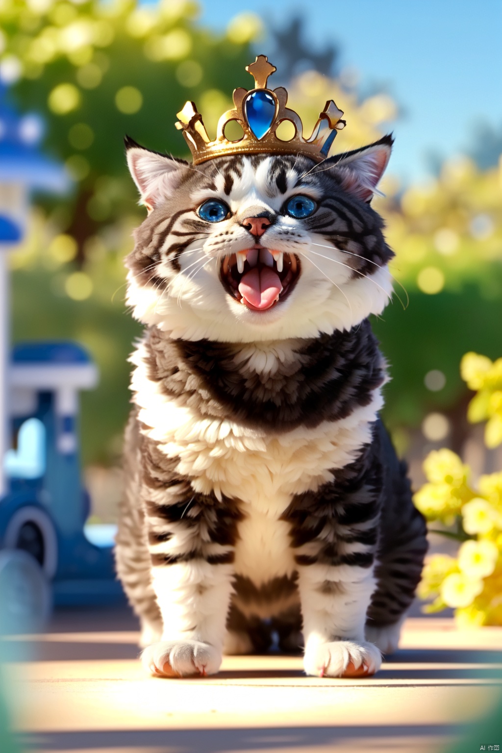  masterpiece,best quality,absurdres,a cat,blue eyes,blurry background,outdoors,crown,personification,open mouth,