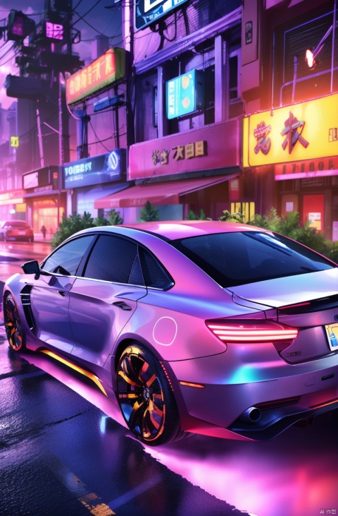 masterpiece,best quality,absurdres,cyberspace,no humans,neon lights,outdoors,grid,cyborg,street,cyberpunk,glowing,cityscape,cloudy sky,sports car,transparent,