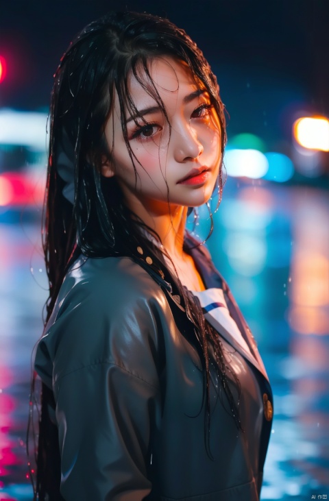masterpiece,best quality,absurdres, 1girl,solo,black hair,long hair,(wet clothes:1.2),(wet hair:1.2),portrait,bokeh,night,looking back,red light,(rain:1.2),(wet skin:1.2),cityscape,street,messy hair,expressionless,close-up,korean face,brown eyes,from side, school uniform,