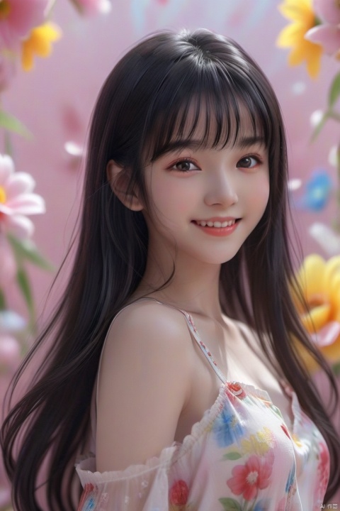 1 girl, solo, long hair, looking at the audience, smiling, bangs, wide angle floral background, black hair, upper body, happy, smiling, black eyes, portrait, realistic
