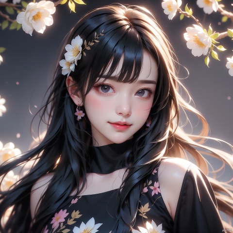 
1 girl, singing solo, long hair, looking at the audience, smiling, bangs, floral background, black hair, simple background, upper body, parted lips, black eyes, academic style clothing, portrait, realistic