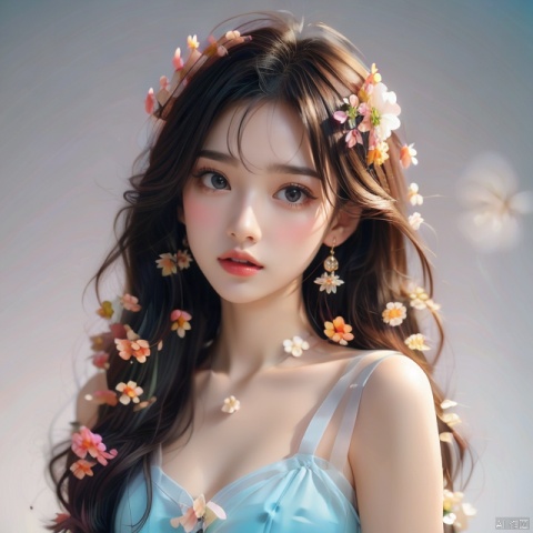 1 girl,(gradient hair:1.4) , gradient clothes,( flower) , sea of flowers, white transparent skin, seen from above,using lots of  flowers, soft light, masterpiece, best quality, 8K, HDR, flowers,Flower background