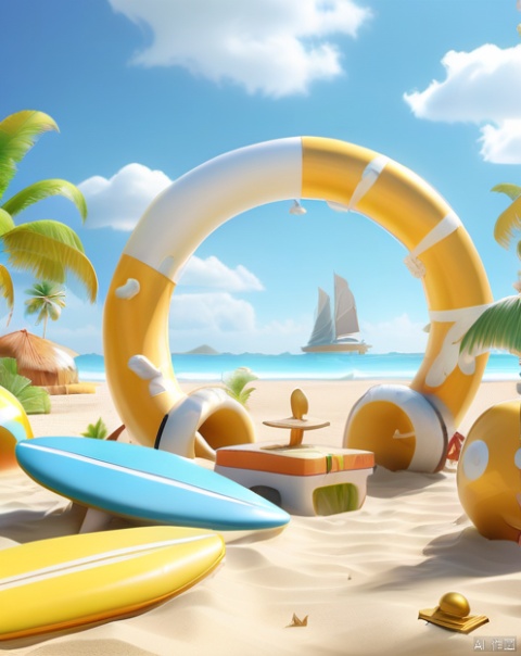 In the middle of the sea there is a golden beach,blue sky and white clouds,a few coconut trees on the sand and beach chairs,surfboards,swimming rings,colorful,surreal style,clay material,C4D render,blender,3D scene,Super detail,Ultra HD,s--180,landscape,in summer, shuimu