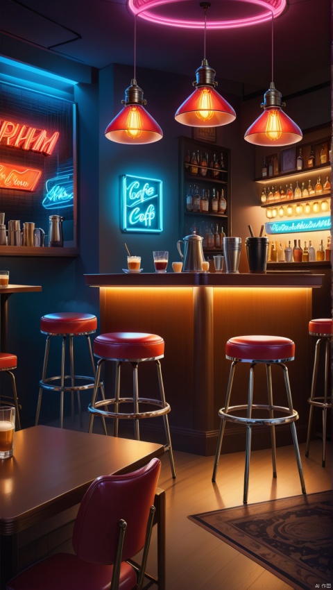 indoors, cup, no humans, night, chair, table, scenery, mug, light, lamp, stool, bar \(place\), lights, restaurant, ceiling light, cafe, neon lights, bar stool (best quality) (masterpiece), (highly detailed), 4K, official art, unit 8 k wallpaper, super detailed, masterpiece, best quality, very detailed, CG, color, Sharp background