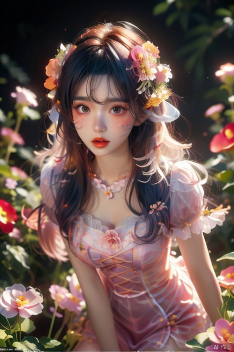  1 girl,(gradient hair:1.4) ,（Flower background:1.4）, gradient clothes,( flower) , sea of flowers, white transparent skin, seen from above,using lots of  flowers, soft light, masterpiece, best quality, 8K, HDR, flowers, glow