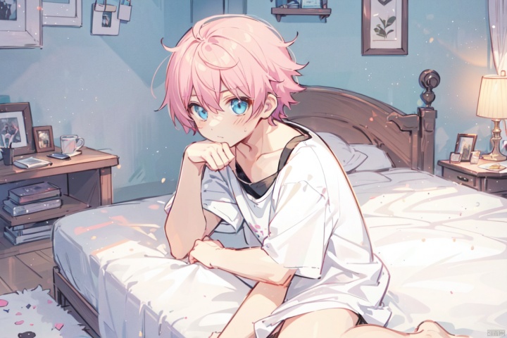  A little boy with pink hair, featuring black hair tufts on each side of his head and a noticeable black lock on his forehead, adorned with cute black cat ears. He is lying on the bedroom bed with legs propped up,The room is filled with a laid-back ambiance, and the soft lighting casts a warm glow over the scene. Aim for a richly detailed and ultra-high-definition rendering, with an 8K resolution,1boy,(male:1.2)
, 1male,off shoulder, t-shirt, white panties, bottomless, hakama