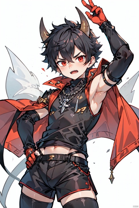 Black short hair, 16-year-old male, identity as a demon and demon king, with devil horns and red eyes. Wearing a loose great cape over a tight leather vest and hot shorts, a yellow crown on his head, with a serious expression and a rather fierce look. The image is rendered in a Gothic style, with strong light and shadow contrasts and exquisite details, symbolizing his rebelliousness and power. The image is presented in UHD quality, suitable for a 16:9 aspect ratio.
