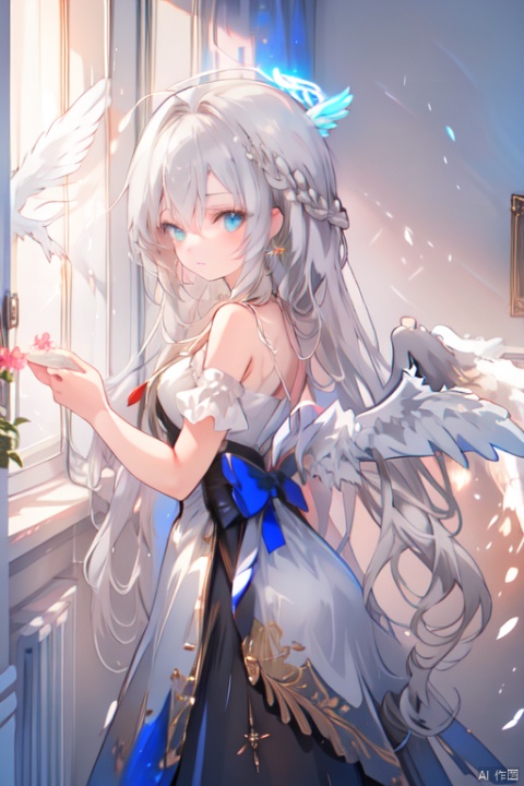 Light illuminates the silver-haired angelic girl, accentuating her elegant contours. Her long hair gently sways as her expansive wings are slightly spread. The blue of her eyes carries a tender radiance as she stands by the window, hand resting on the sill, casting a warm and loving gaze backward.